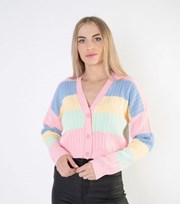 JUSTYOUROUTFIT Pink Rainbow Pointelle Knit Crop Cardigan